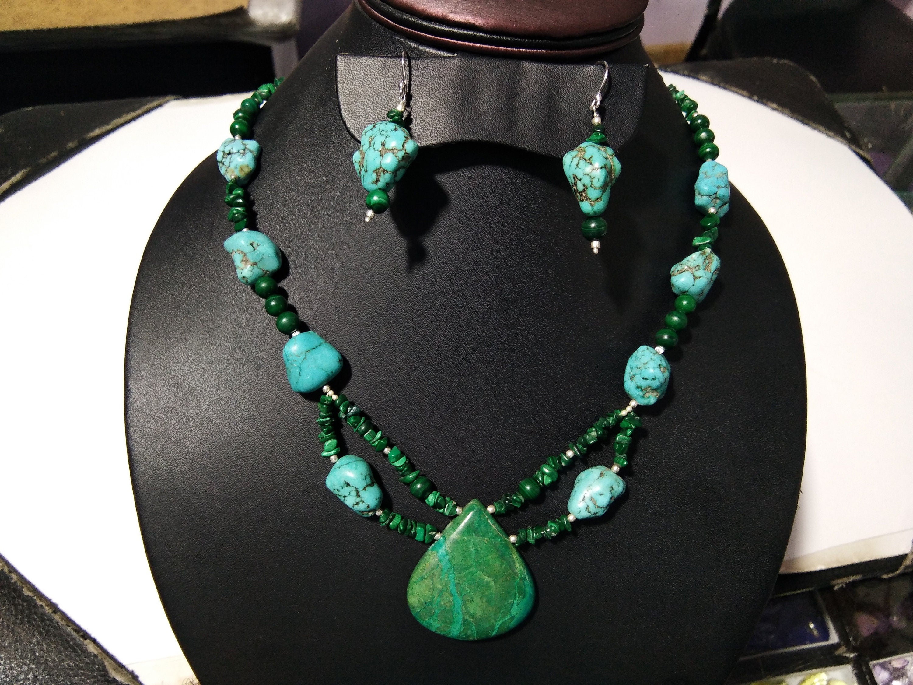 100% Natural Turquoise/Chrysocolla/Malachite Gemstone Necklace, Turquoise 925 Starling Silver Jewelry Stone Size 38x36mm to 15x12mm Necklace